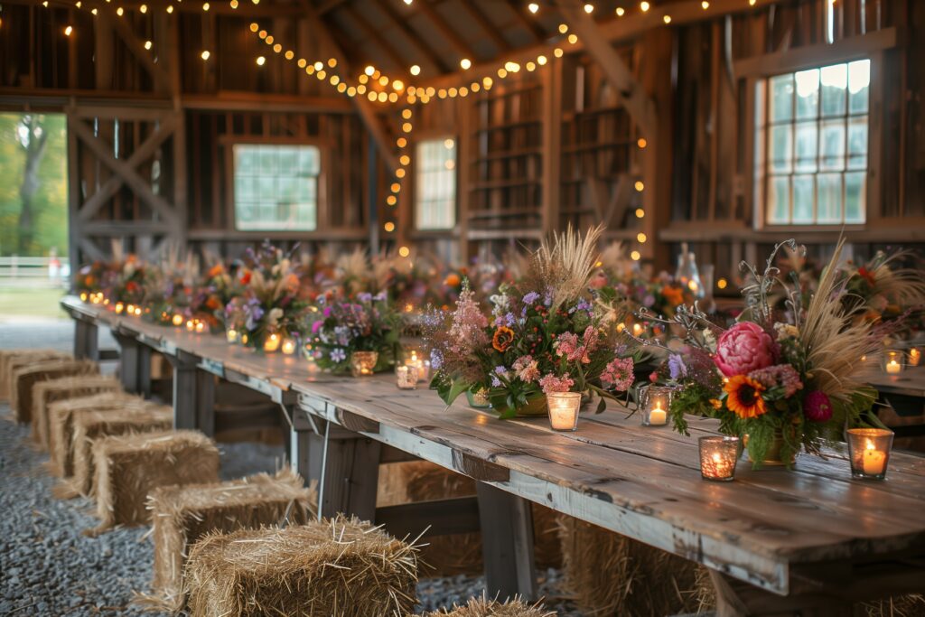 Elegant Barn Celebration With Rustic Decor, Floral Arrangements, and Warm Lighting at Sunset
