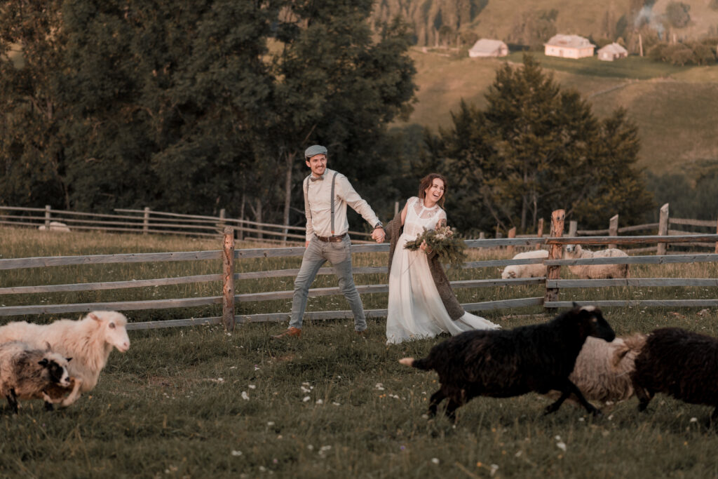 vintage wedding of bride and groom on a ranch with a horse on peak hills
