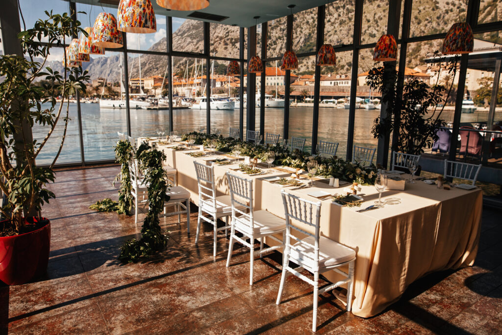 Decorated wedding reception hall.